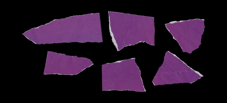 Set of six torn purple paper fragments with irregular angular shapes, rough ripped edges, lightly wrinkled surfaces, and separate scattered pieces arranged in two rows on black background