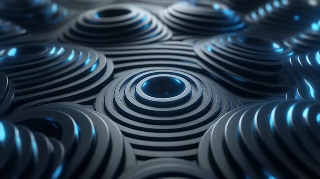 A close-up, abstract 3D render shows a repeating pattern of concentric circles with a dark metallic texture and glowing blue highlights.