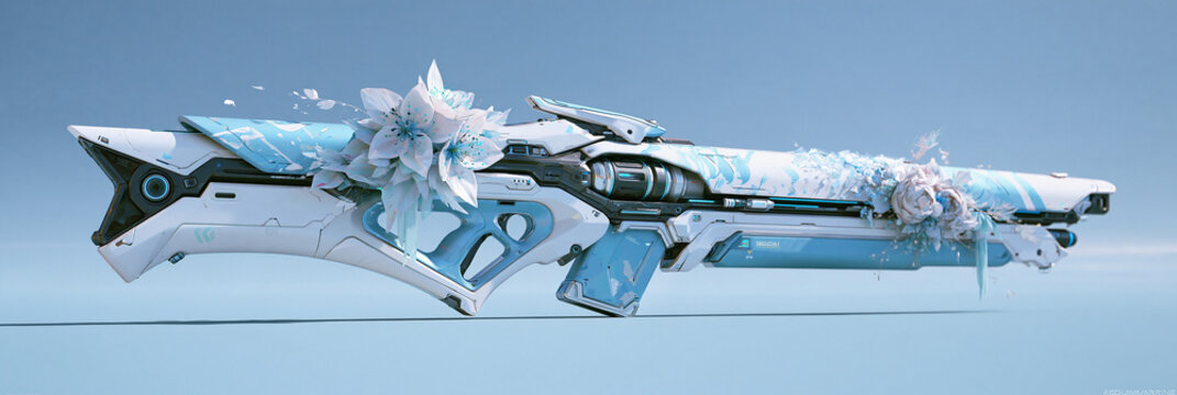 Futuristisches Gewehr in Wei&szlig; und Hellblau mit Eisdesign vor blauem Hintergrund