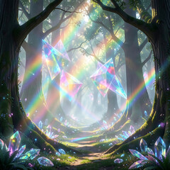 Obraz premium Enchanting magical forest path illuminated by mystical floating crystals and vibrant rainbow light beams
