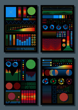 1980s Retro Computers Visual Panels, Vintage Colors, Shapes, Digits, Charts, Equalizers. Abstract Background Set for the 1980s Posters, Retro Future Style Objects