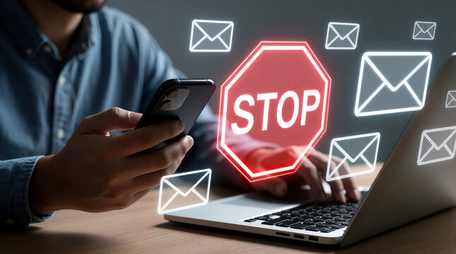 Man uses phone and laptop to block unwanted emails and spam. Digital security concept to stop unsolicited messages. Online safety against phishing and fraud.
