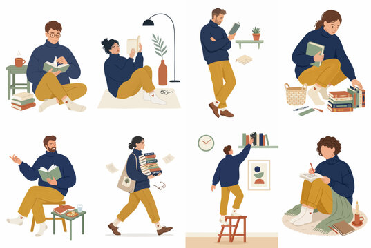 Collection of flat vector illustrations featuring diverse people reading, organizing, and carrying books in various poses and cozy home settings.