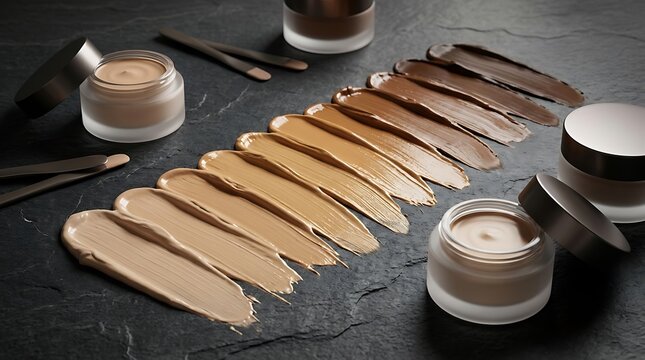 Liquid foundation makeup samples in different skin tones arranged in a row on a dark black table surface. foundation shade guide