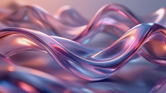 Abstract iridescent metallic waves with blue and pink hues.