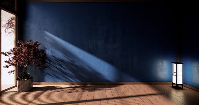 Muji room interior with dark blue color wall japanese style design.3d rendering