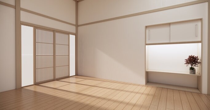 Japanese shelf wall Built-in mock up minimalist, room japandi minimall style,Empty white wall on maple wood flooring and decoration.3D rendering