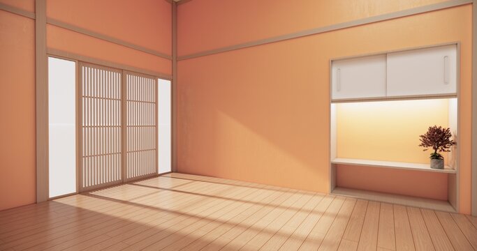 Japanese shelf wall Built-in mock up minimalist, room japandi minimall style,Empty white wall on maple wood flooring and decoration.3D rendering
