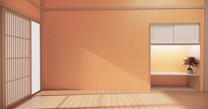 Japanese shelf wall Built-in mock up minimalist, room japandi minimall style,Empty white wall on maple wood flooring and decoration.3D rendering