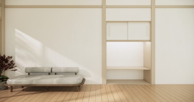 Japanese shelf wall Built-in mock up minimalist, room japandi minimall style,Empty white wall on maple wood flooring and decoration.3D rendering
