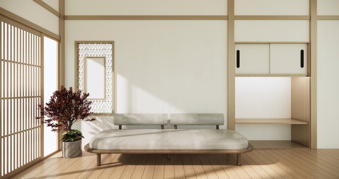 Japanese shelf wall Built-in mock up minimalist, room japandi minimall style,Empty white wall on maple wood flooring and decoration.3D rendering