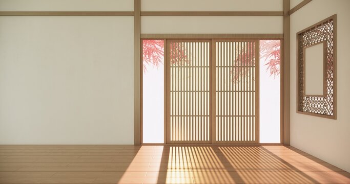 Autumn concept on Japanese room with white wall with maple wood wall design Evokes a sense of warmth, fall background. 3d rendering