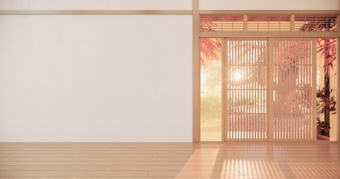Autumn concept on Japanese room with white wall with maple wood wall design Evokes a sense of warmth, fall background. 3d rendering
