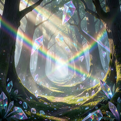 Obraz premium Enchanted Mystical Forest Path Filled With Glowing Iridescent Crystals and Radiant Rainbow Light Beams for Fantasy Background