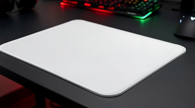 Top view of a blank white rectangular mousepad mockup on a dark desk with blurred RGB mechanical gaming keyboard and mouse in the background for design presentation and office workspace demo.