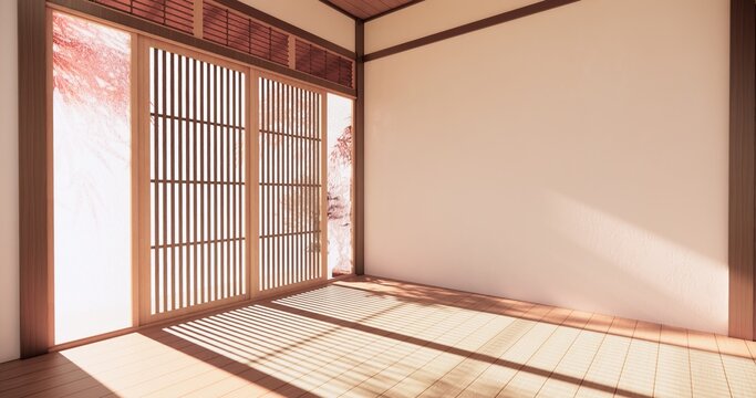 Autumn concept on Japanese room with white wall with maple wood wall design Evokes a sense of warmth, fall background. 3d rendering