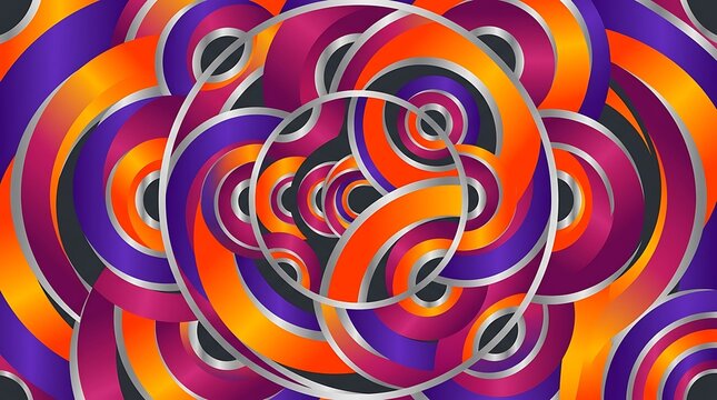 Vibrant abstract swirling concentric circles and curves in bold orange, purple, and magenta gradients with metallic silver outlines, creating a psychedelic,.