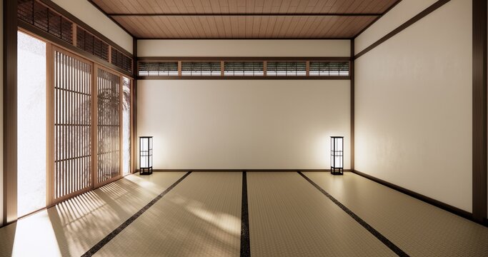Autumn concept on Japanese room with white wall with maple wood wall design Evokes a sense of warmth, fall background. 3d rendering