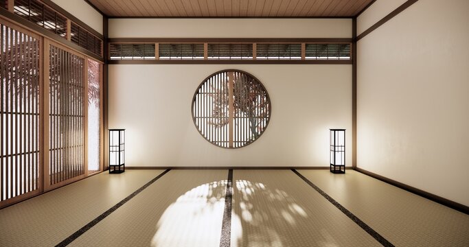 Autumn concept on Japanese room with white wall with maple wood wall design Evokes a sense of warmth, fall background. 3d rendering