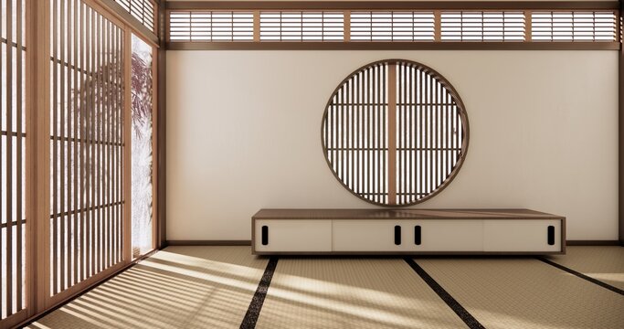 Autumn, Japanese style circular window and Japanese room with tatami mats on the floor and cabinet decor.3D rendering
