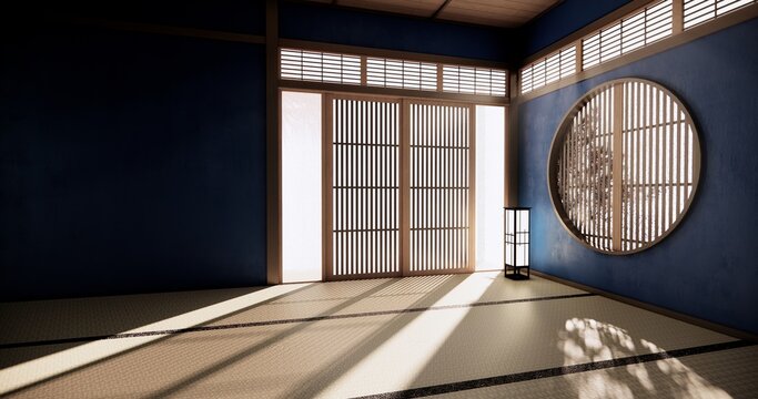 Muji room interior with dark blue color wall japanese style design.3d rendering