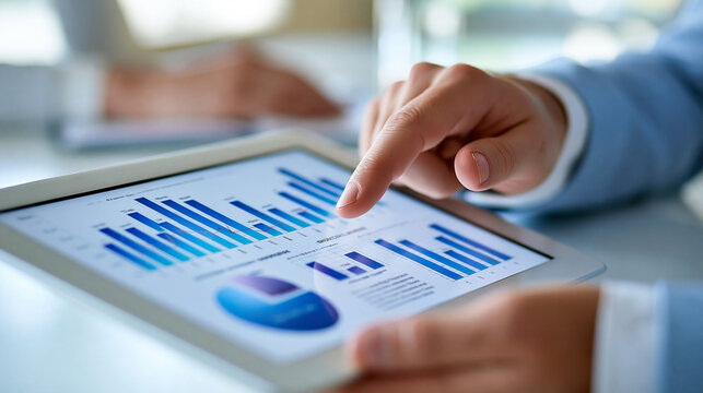 Analyst hands holding a tablet displaying website traffic charts, conversion metrics and SEO performance data, web analytics, user behavior, digital marketing optimization,
