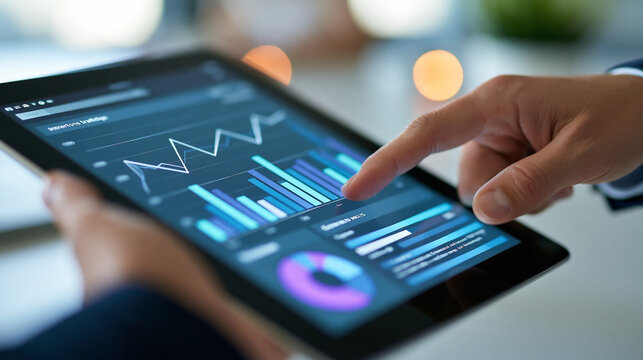 Analyst hands holding a tablet displaying website traffic charts, conversion metrics and SEO performance data, web analytics, user behavior, digital marketing optimization,