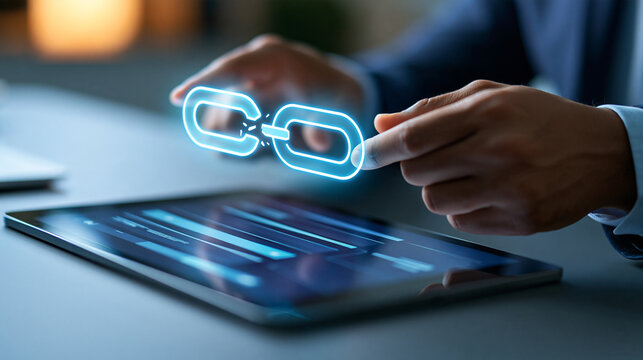 Businessman troubleshooting a broken website connection represented by a fragmented digital link above a tablet, technical SEO, website maintenance, indexing problems, digital
