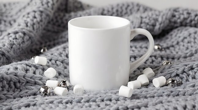 Blank white ceramic mug mockup on a cozy grey knitted blanket background with scattered mini marshmallows and silver bells, perfect for winter beverage and festive holiday concept.