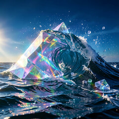 Obraz premium Surreal digital art featuring a glowing crystal pyramid emerging from a turbulent ocean wave under a sunny sky