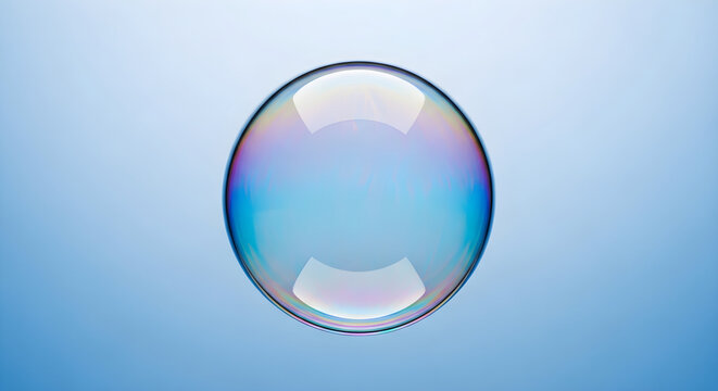 Single Iridescent Soap Bubble Floating Isolated On A Smooth Light Blue Background Representing Fragility And Purity