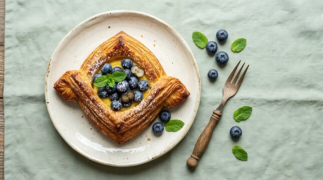 Fresh baked danish pastry with blueberries and green mint leaves on a round plate with a metal fork. crisp pastry edges