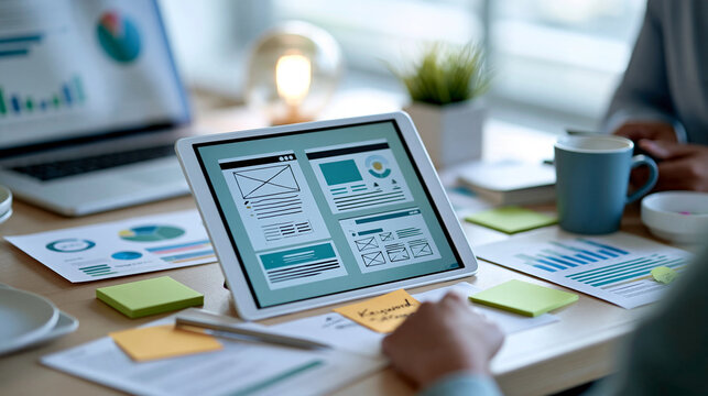 UX and SEO planning concept with tablet displaying a clean website wireframe, keyword strategy notes and user experience analytics, digital product development, with copy space