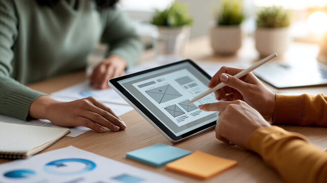 UX and SEO planning concept with tablet displaying a clean website wireframe, keyword strategy notes and user experience analytics, digital product development, with copy space
