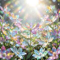 Obraz premium Magical garden filled with sparkling iridescent flowers, reflecting vibrant light rays from the radiant sun, creating a dreamlike and enchanting floral fantasy