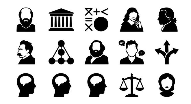 Philosophy Icons Set: Thinkers, Symbols, and Concepts Vector Graphics Collection