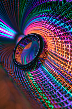 Hochformat mit konzentrischen Neonringen in Blau, Orange und Gr&uuml;n im Tunnel