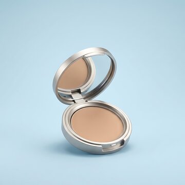 Open round compact powder case with mirror for makeup beauty routine on a soft light green background. Classic Makeup Compacts
