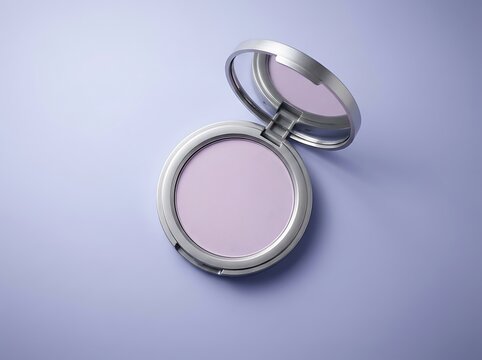 Open round makeup powder compact case with soft lavender face powder on a matching purple surface. Classic Makeup Compacts
