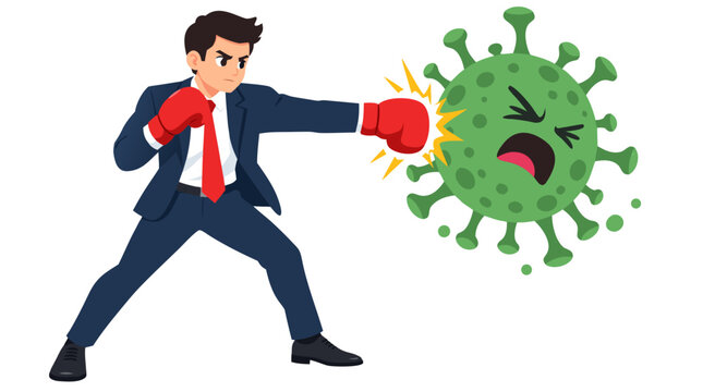 A determined businessman in a suit wearing red boxing gloves punches an angry green coronavirus microbe, flat vector illustration representing the corporate fight against disease on white