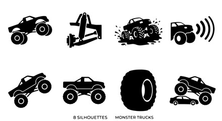Monster Truck Silhouettes, Off-Road Vehicle Icons, Extreme Sports Vector Set, Mud Splatter Graphics © Tanbirali