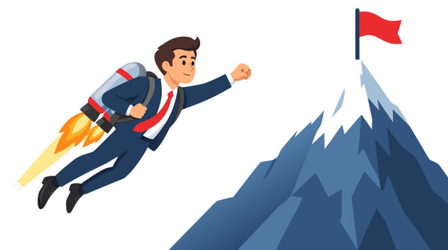 Brave businessman in a suit flies upward using a rocket jetpack strapped to his back toward a snowy mountain peak with a red flag, ambition vector illustration on a plain white background