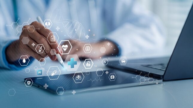 Doctor touching Dashboard health data, medical information, technology on network electronic folder document.