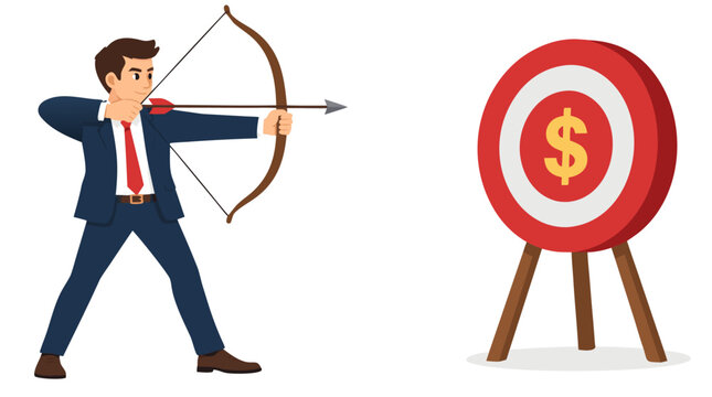 Focused businessman in a suit draws a wooden bow aiming an arrow directly at a circular target with a central dollar sign, investment vector illustration isolated on a plain white background