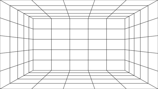 3D line room space with wireframe perspective and box on white background grid for dimension template or house model. Empty object in vaporwave platform with blue drawing arena reality purple.