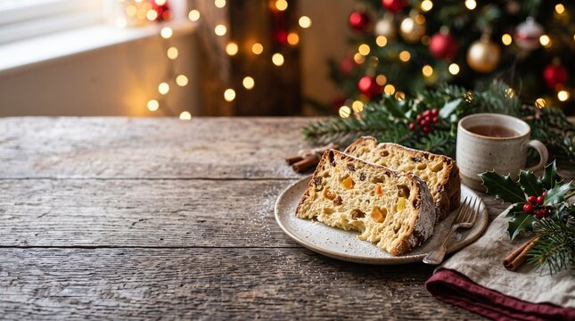 Traditional christmas stollen cake slices on plate with festive tree background holiday pastry wooden table tea cup holiday food sweet bread