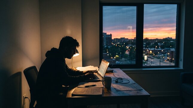 Man working late on laptop at desk with city skyline sunset view outside window office desk night work remote worker home office computer work