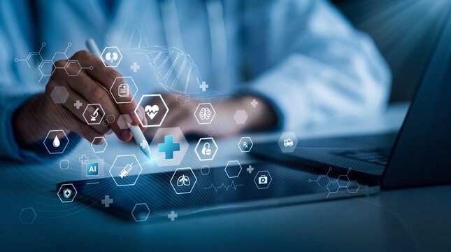 Doctor touching Dashboard health data, medical information, technology on network electronic folder document.
