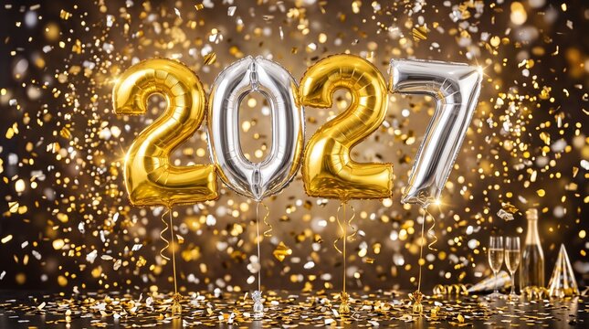 2027 new year celebration background with gold and silver foil balloons and confetti holiday season golden confetti party decoration coming year