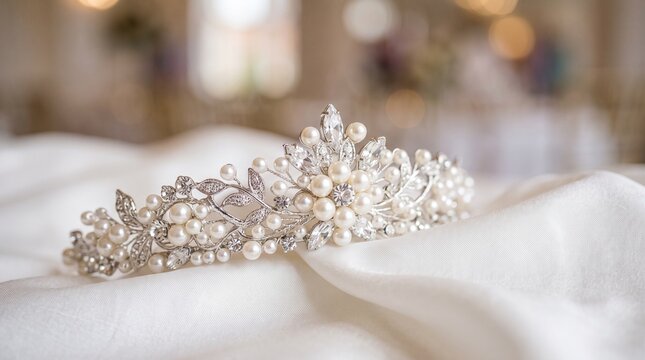 Elegant bridal tiara made of pearls and crystals resting on a white fabric surface with wedding day bridal accessory pearl crown crystal tiara